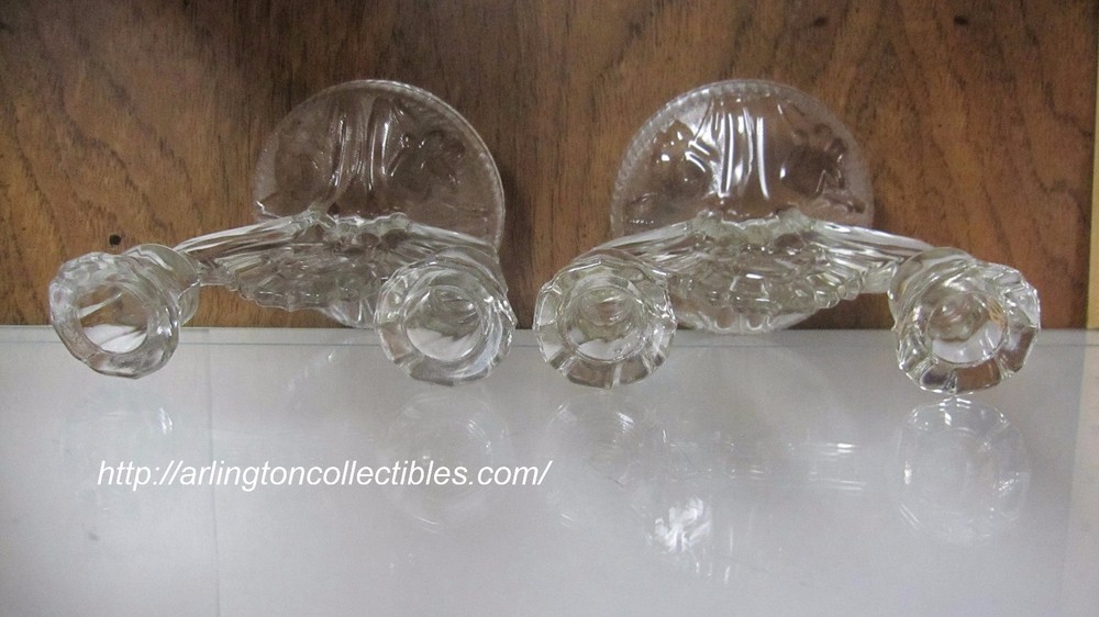 Set of 2 JEANNETTE Clear IRIS & HERRINGBONE Depression Double Light Candlesticks
