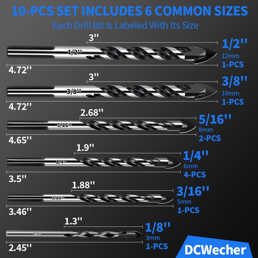 DCWecher 10-PCS Masonry 10 Pcs Drill Bit Set （1/8"-1/2"）, Black