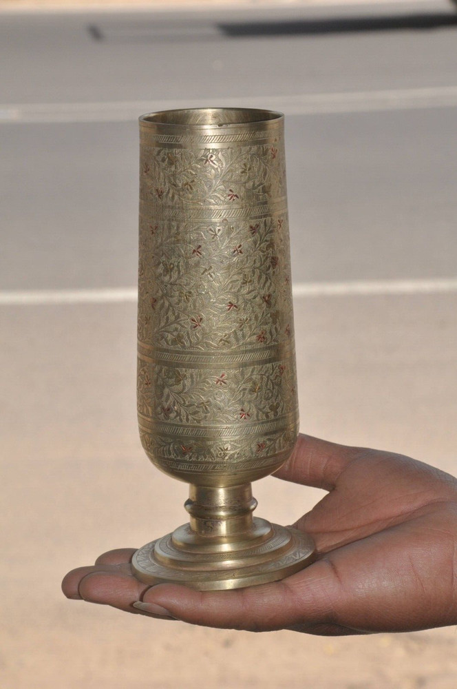 Vintage Brass Unique Shape Solid Lacquer Engraved Handcrafted Flower Vase/Pot