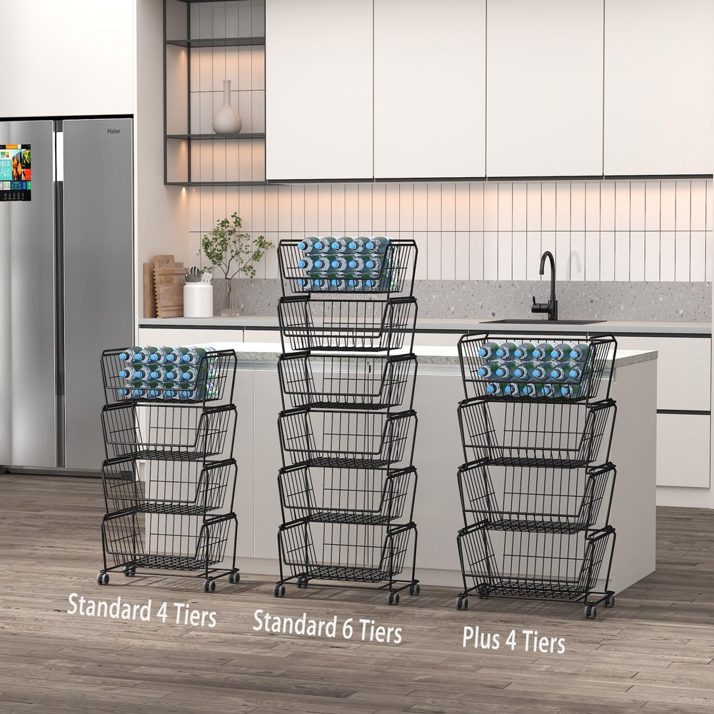 4-Tier Spacious Stackable Wire Storage Baskets with Wheels, Metal Rolling Uti...