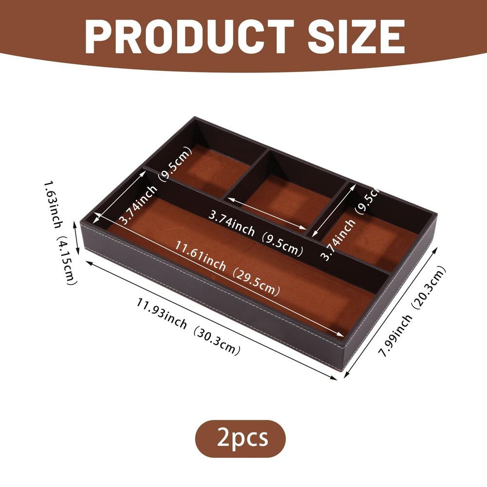 2 Pcs Desk Drawer Organizer 4 Grid PU Leather Drawer Storage Organizer Multi-...