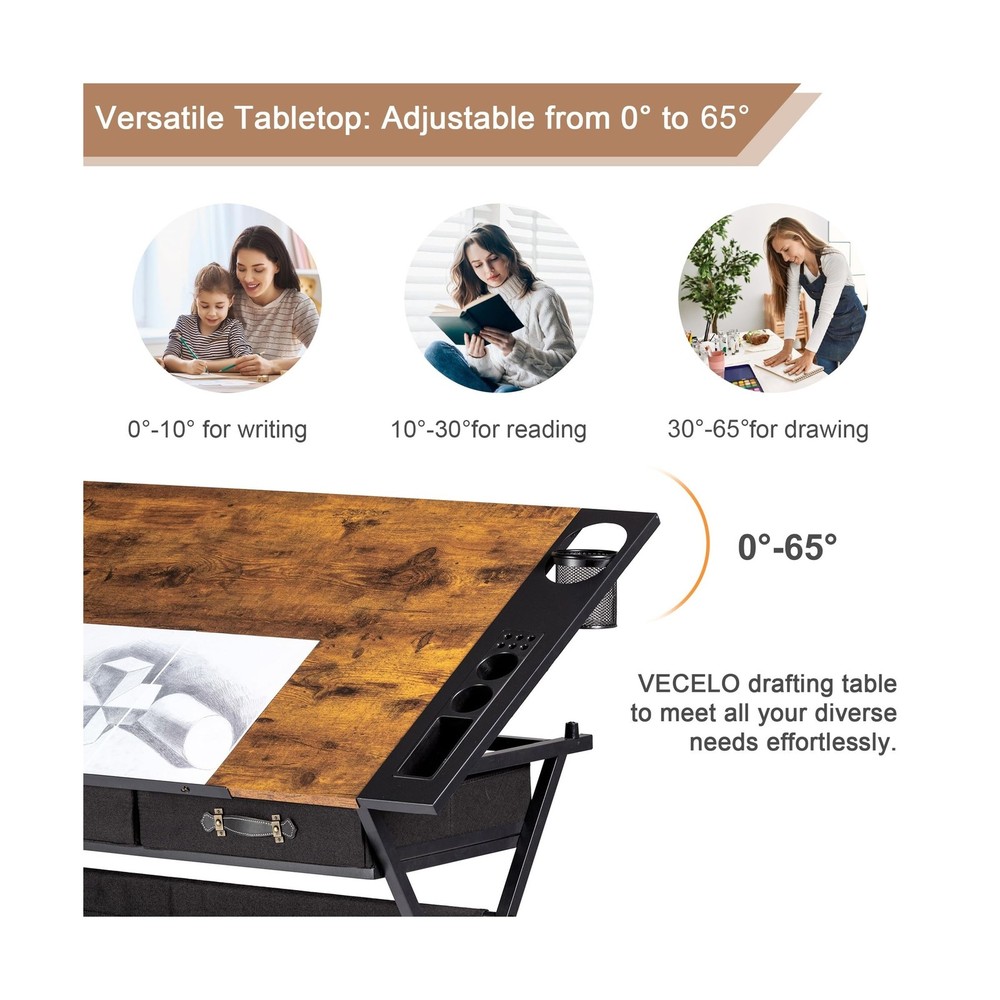 VECELO Drafting Table Art Desk Art Table Adjustable Drawing Table Tilted Tabl...