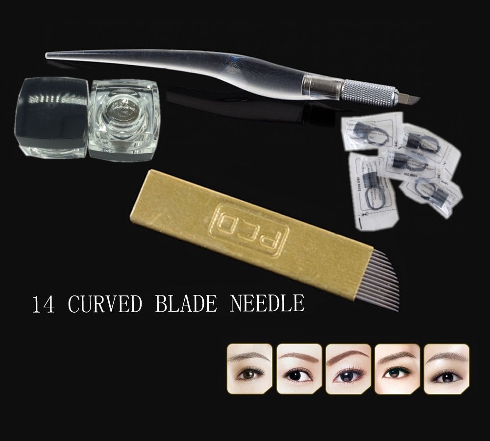 50Pcs Copper 14 Pins Slant Curved Permanent Makeup Ink Microblading Needle Set