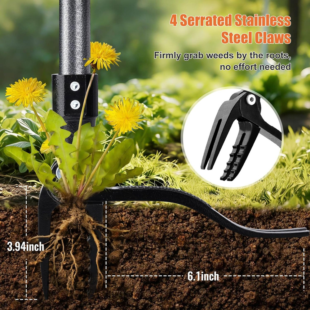 Steel Stand-Up Weed Puller Tool - 45" Long Handle with 4-Claw Head