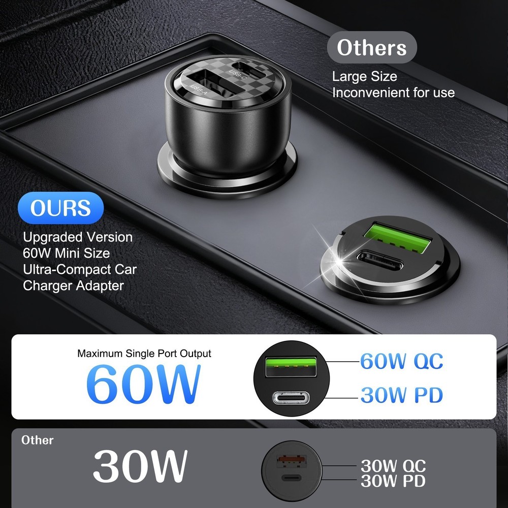 60W PD Car Charger 2-in-1 Fast Charging Cigarette Lighter Adapter with Pull Ring
