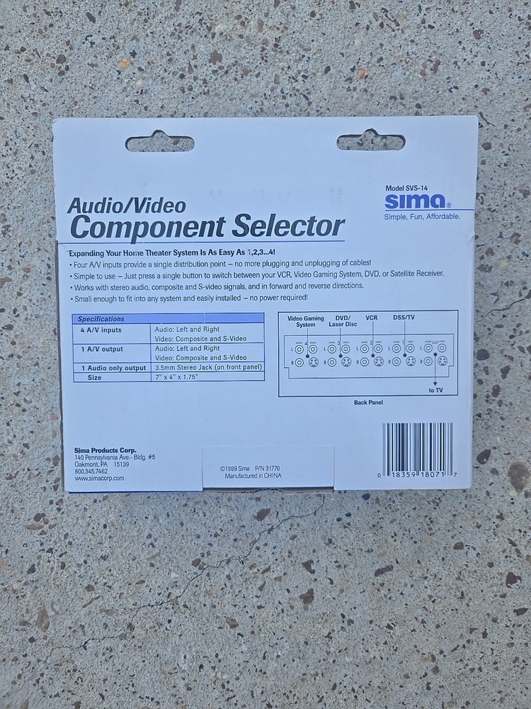 Sima SVS-14 4 Input A/V Component Selector - NEW IN BOX - LL1