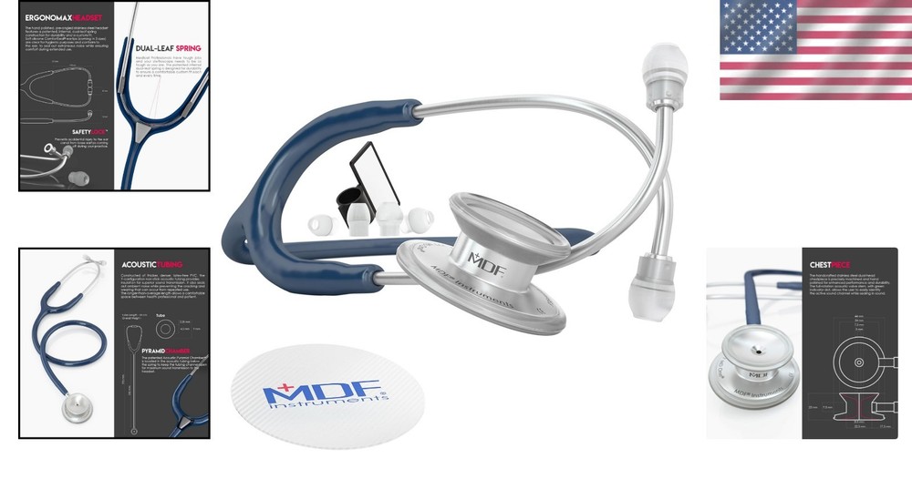 Ergonomically Designed MD One Stethoscope - ComfortSeal Eartips, Silver & Blue