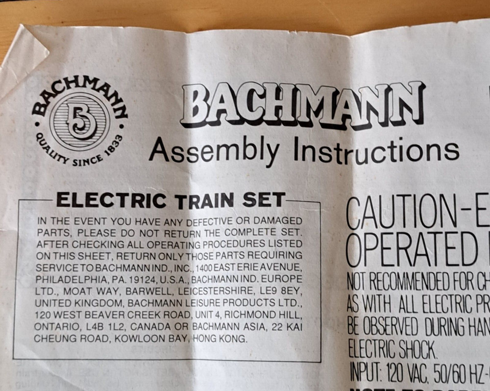 Bachmann Electric Train Set Assembly Instructions HO & N Operation Guide Only