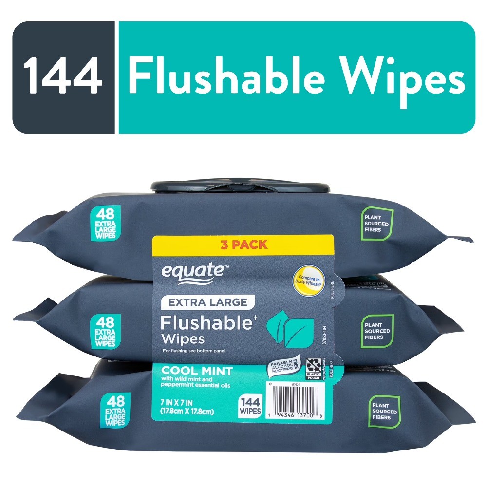 Extra Large Flushable Wet Wipes Cool Mint Scent 144 Count 3 Pack