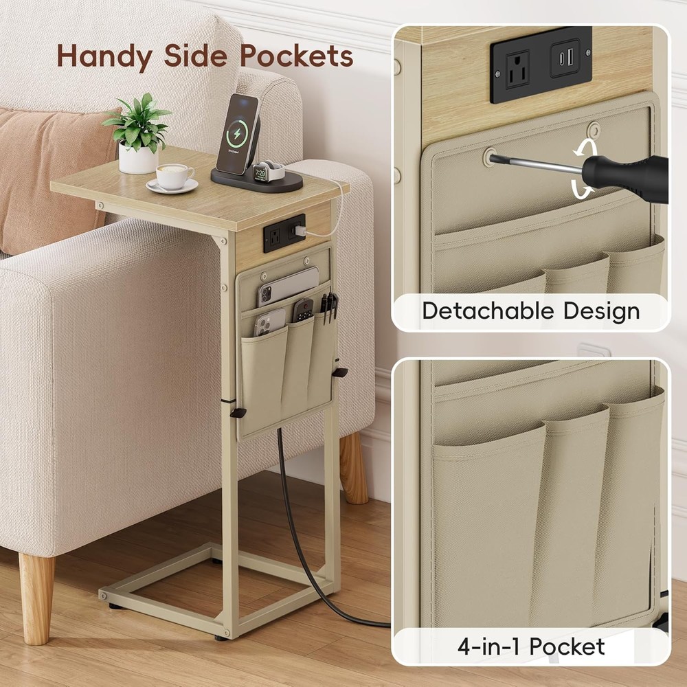 C Shaped End Table W/ Charging Station Adjustable Height C Table End Table Small