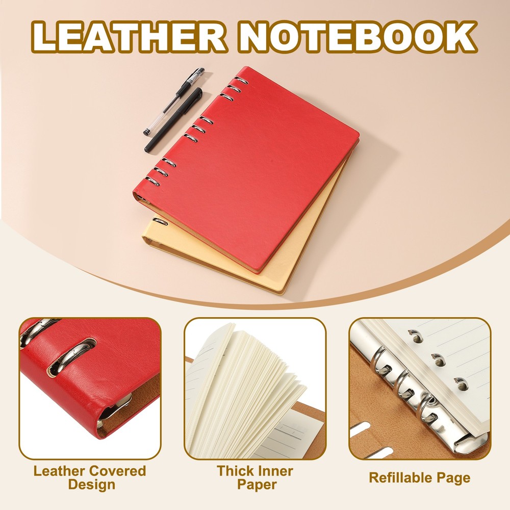 B5 Refillable Leather Notebook, 2Pcs 9 Ring Hardcover Binder Notebook, Red