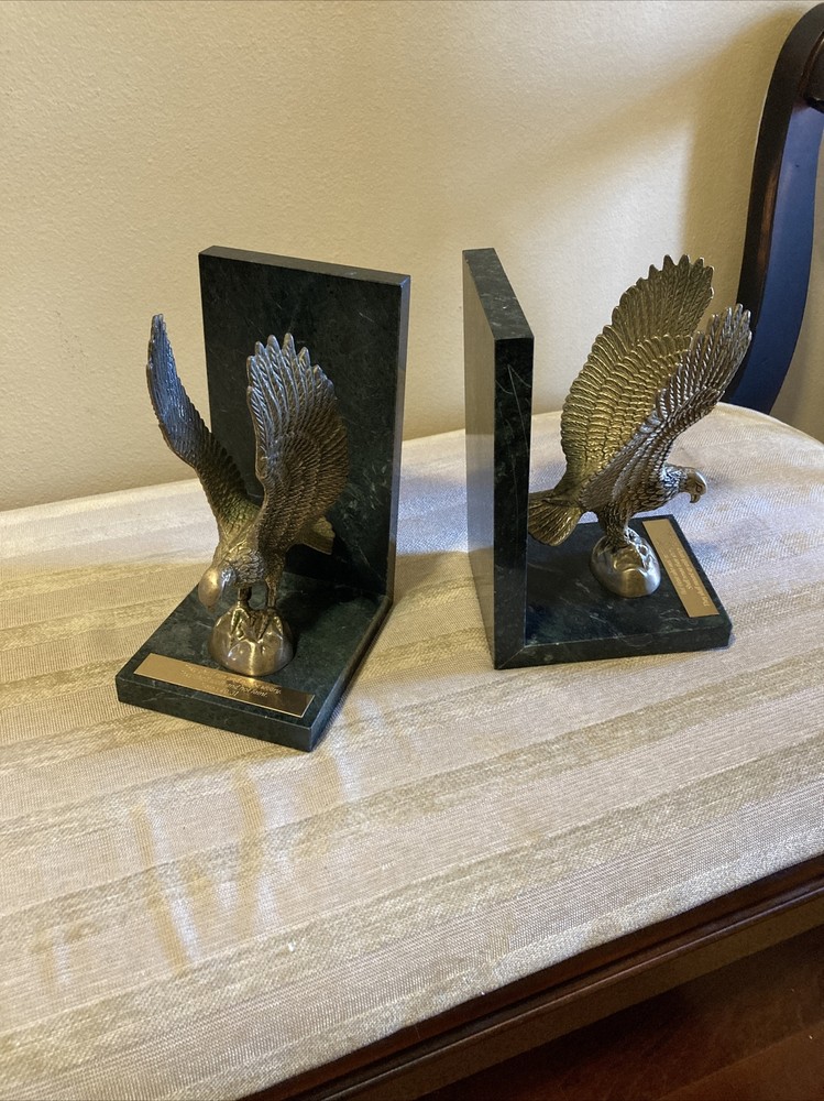 Pair Bronze Eagles Marble Bookends Holders Old Decor Statue Isaiah 40:31 Script