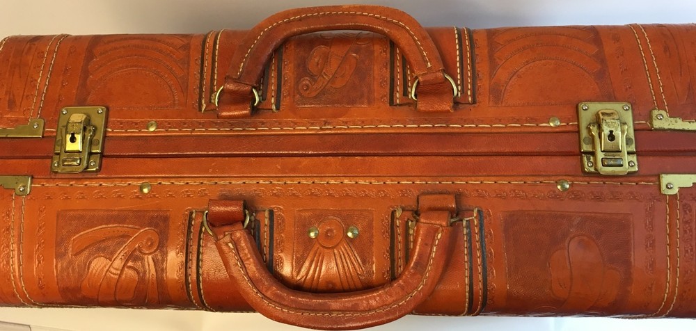 Mid-Century Hand Tooled Leather Suitcase made in Mexico