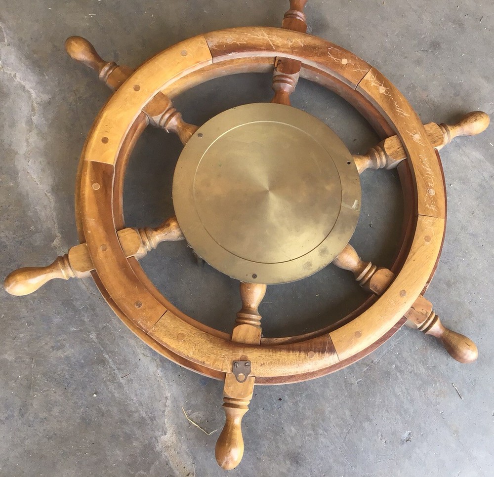 Ship’s Time Quartz Wheel Clock, Solid Wood/Brass 24.5”