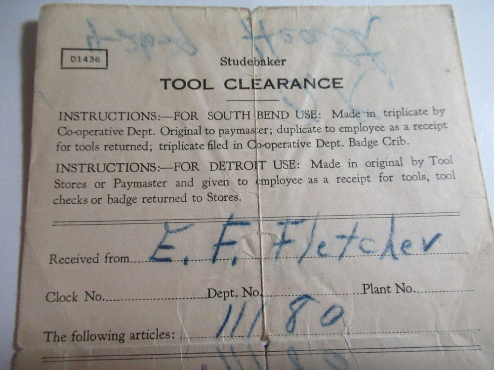 1929 STUDEBAKER TOOL CLEARANCE FORM