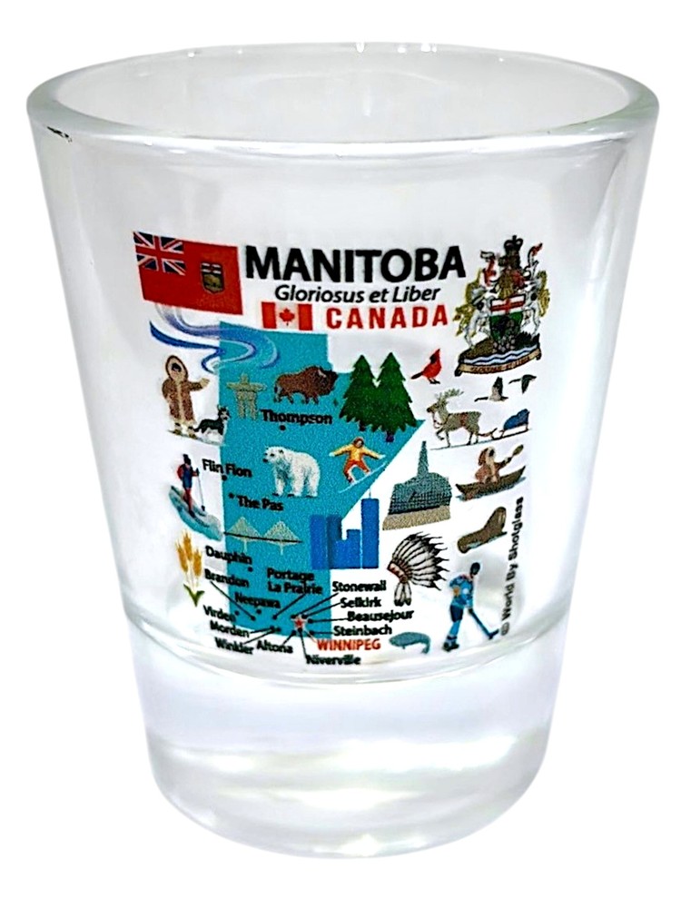 Manitoba Canada Map and Attractions Collage Shot Glass