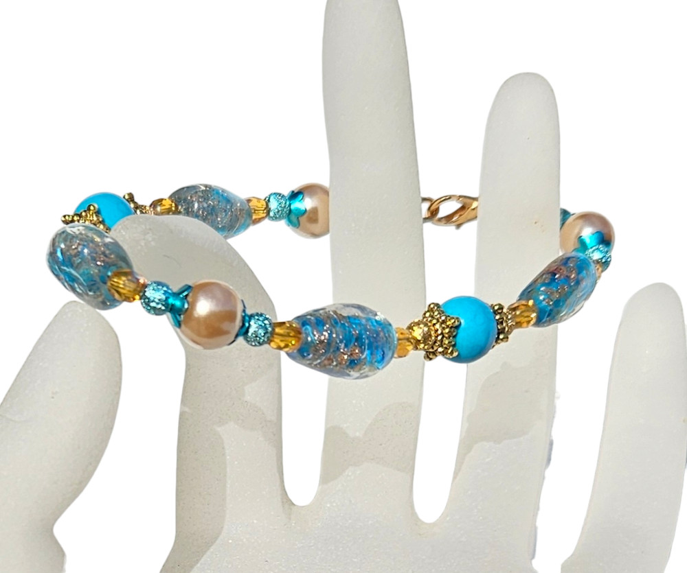 Blue and Gold Lampwork, Magnesite, Pearl Set