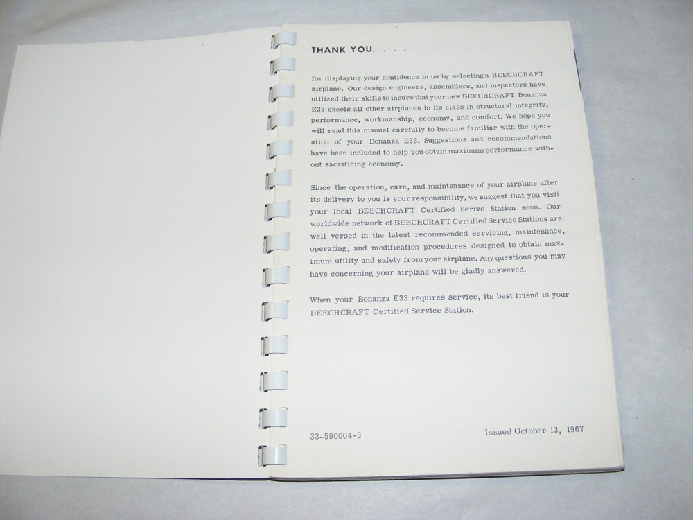Vtg Beechcraft E33 Bonanza Owners Manual