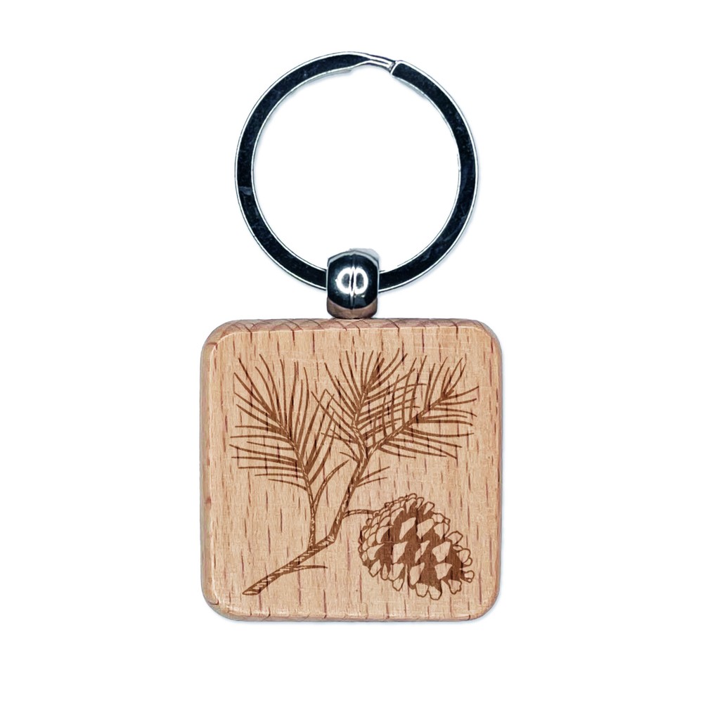 Pine Tree Branch with Pinecone Cone Winter Engraved Wood Square Keychain