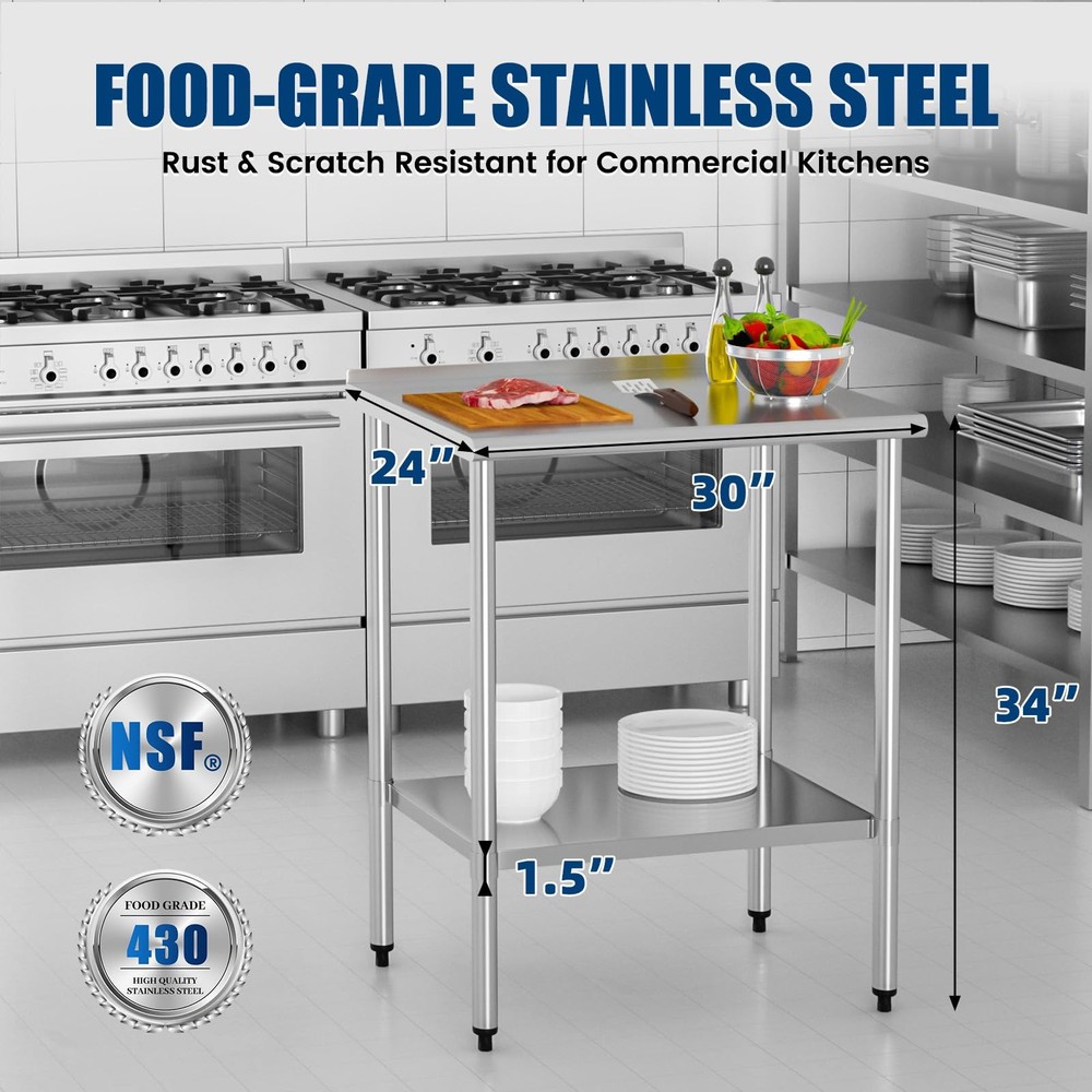 Stainless Steel Work Table 24x30 Inch with Adjustable Undershelf & Backsplash...