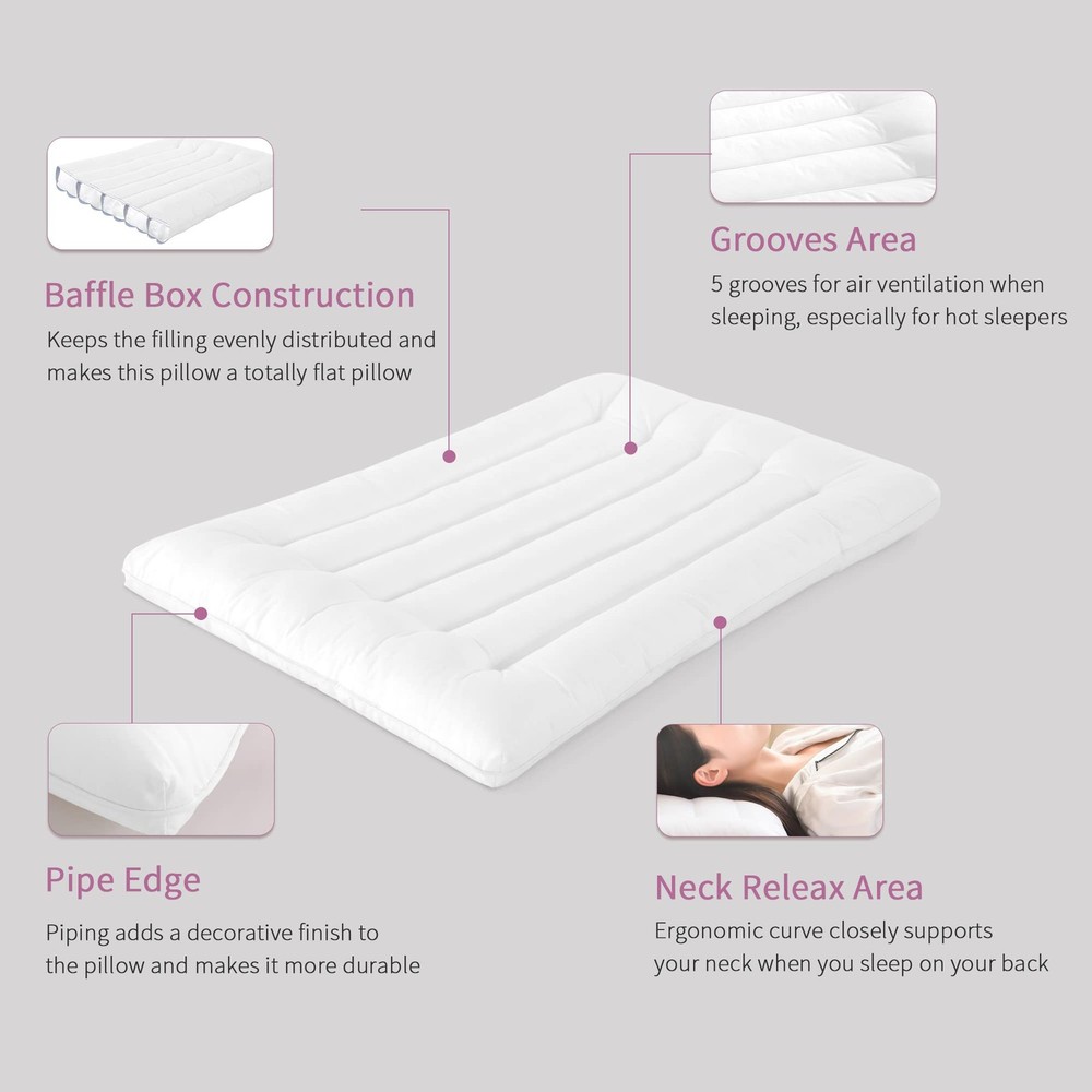 HOMBYS Ultra Thin Flat Pillow for Sleeping, Standard, White
