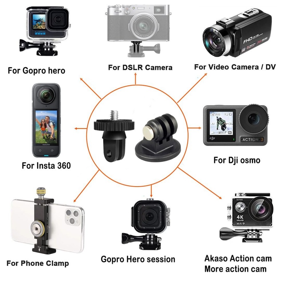 Action Camera Tripod Mount Adapter 1/4"-20 Conversion Large, Black