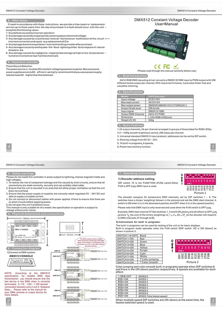 High Power 24 Channel RGB 3A/CH DMX512 Controller Led Decoder Dimmer 500Hz Fl...