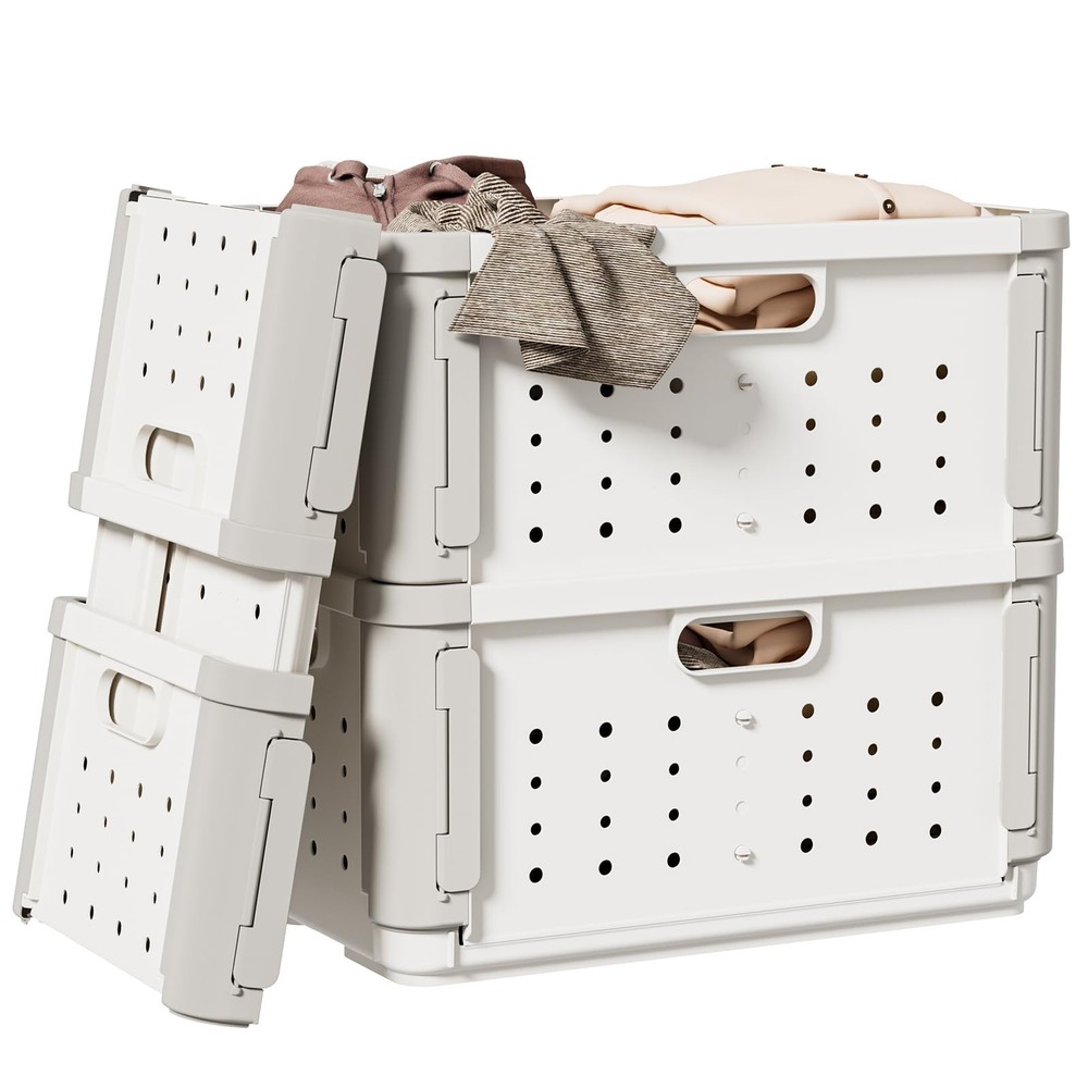Stackable Plastic Laundry Basket on Wheel, 42L Clothes Laundry Hamper with Di...