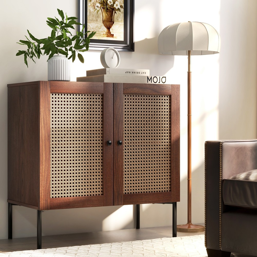 Rattan Buffet Sideboard Wine Cabinet Cupboard w/ Adjustable Shelf Walnut