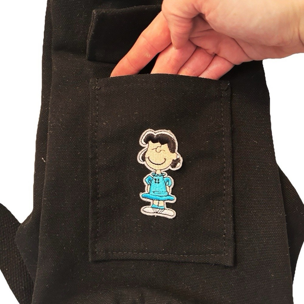 Peanuts Charlie Brown Lucy Black Canvas Drawstring Backpack Blue Patch Pocket