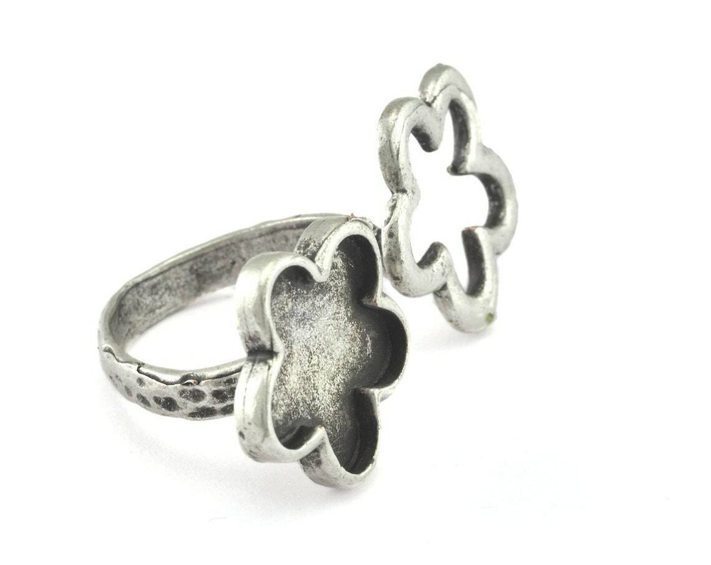 Ring Flowers Adjustable Ring Bezel Antique Silver Plated brass 9US size 2610