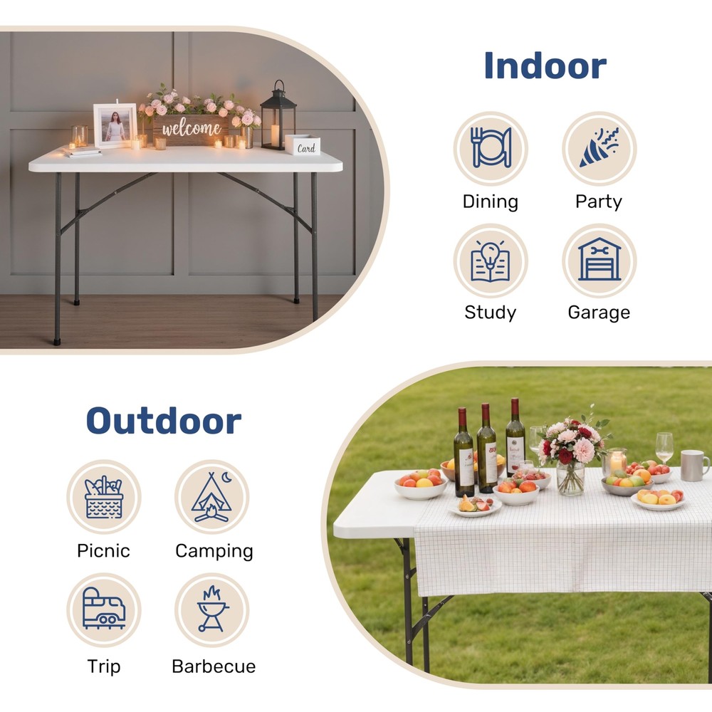 Portable 4ft Folding Table with Handle - Ideal for Camping, Picnics & Parties