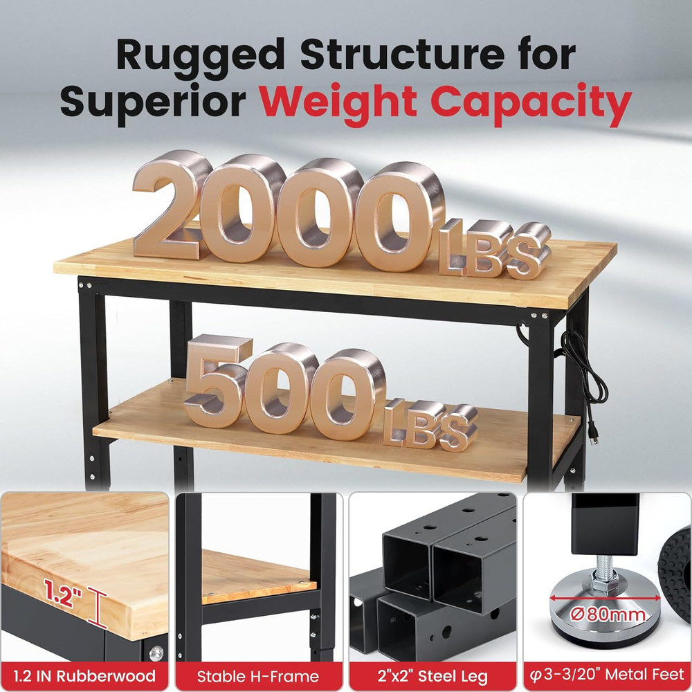 48 Inch Work Table for Garage Adjustable Height Rubber Wood Tabletop Workbench w