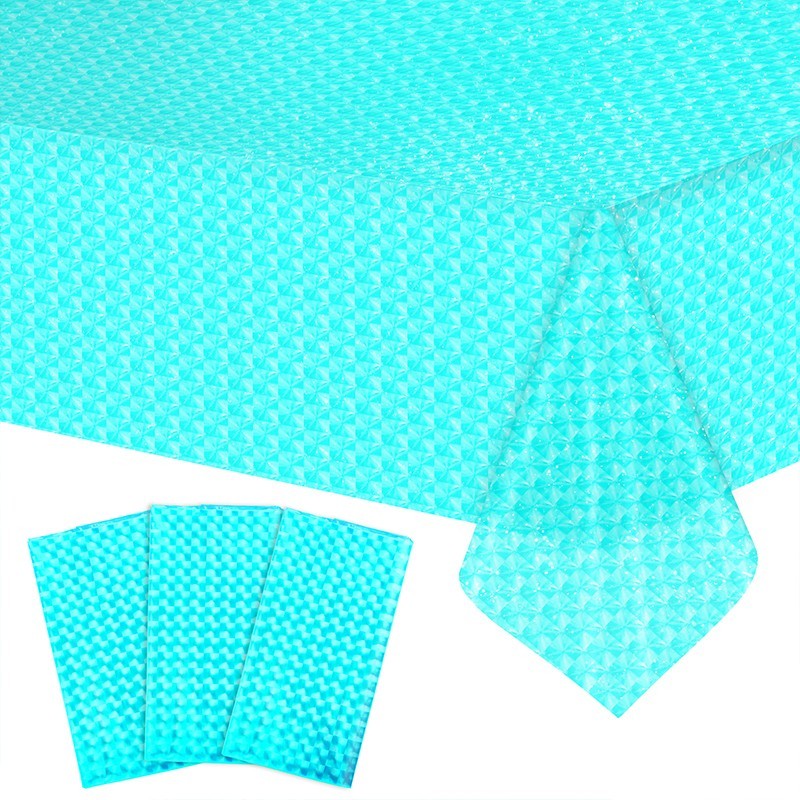 A sky-blue 3D checkered three-piece plastic tablecloth set