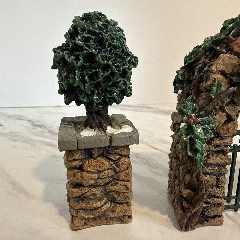 Dept 56 Stone Corner Posts with Holly Tree and Stone Archway Accessory #52648