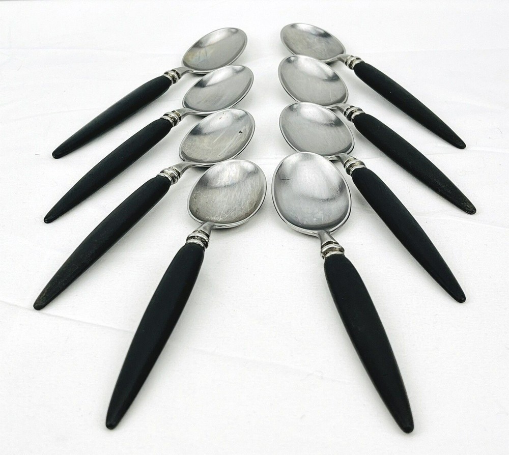 VTG Mid Century Guildcraft Forged Stainless Black Handle Pattern SS Flatware Set