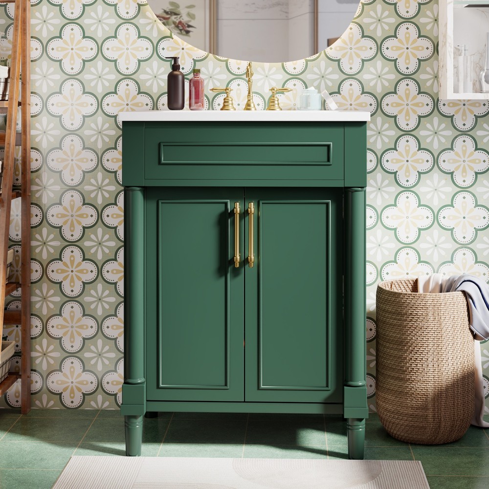 24 in Small Bathroom Vanity w/ Ceramic Sink & 2 Doors, Solid Wood&MDF, Green