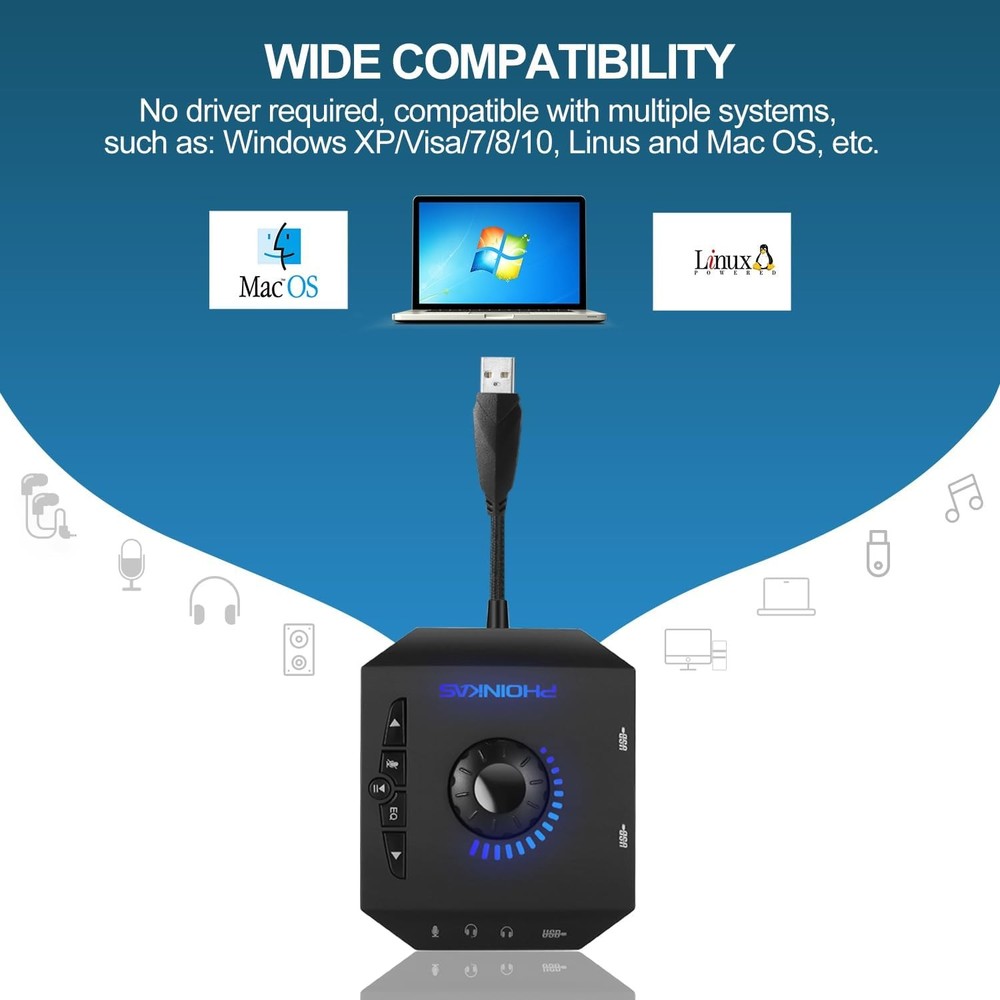 T10 External Sound Card, PHOINIKAS USB Audio Adapter for PC Windows, Mac, Linux,