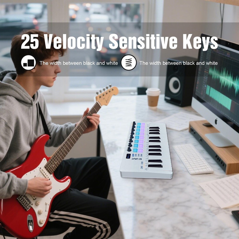 25 Key USB MIDI Keyboard Controller Wireless Bluetooth 16 Backlit Drum Pads, ...