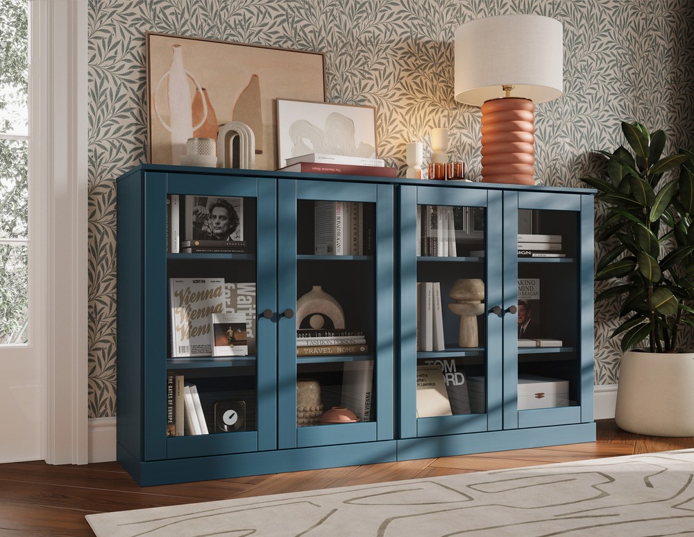 100% Solid Wood 64" Modular Sideboard, 2 Clear Glass Doors