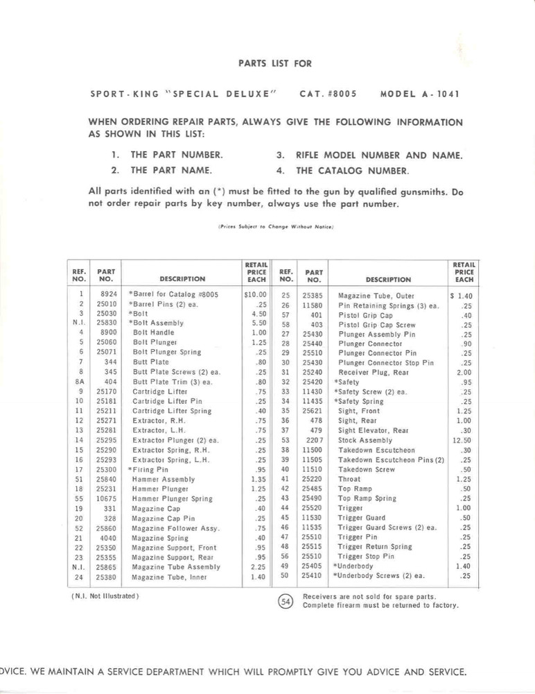 High Standard Model A-1041 Rifle Owners Manual