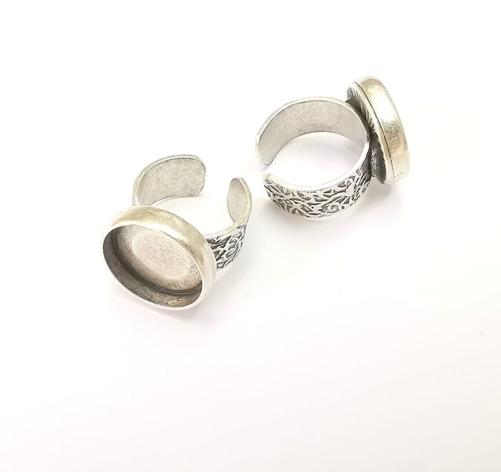 Round Antique Silver Ring Blank Setting, Cabochon Mounting Adjustable Resin Ring