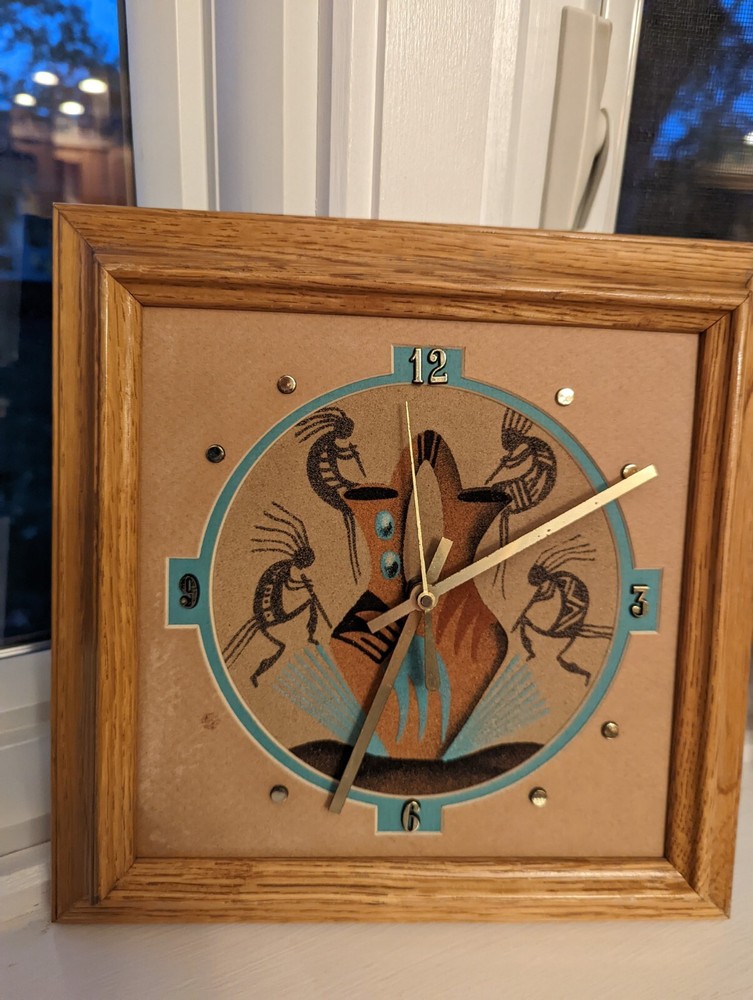 South West Sand Art Kokopeli Wall Clock Wood Frame Read