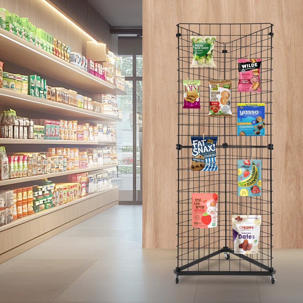 Triangle Display Stand Wire Grid Panel Tower Wall Corner Shelf Rack with Casters