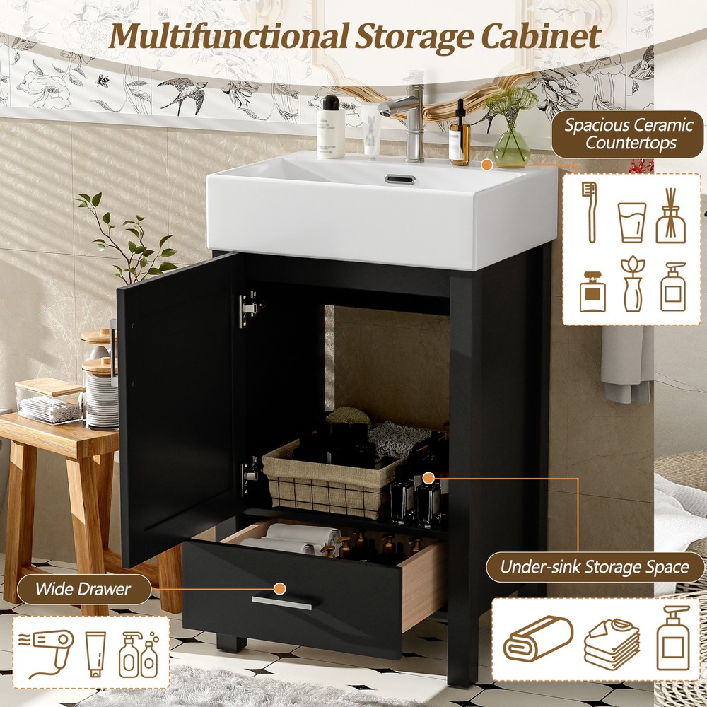 Black Modern Bathroom Vanity with Ceramic Sink, Solid Wood Frame，Storage Drawer