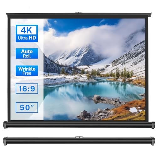 50 inch Small Projector Screen, Goldengrainv Retractable Pull Up Screen, Floor