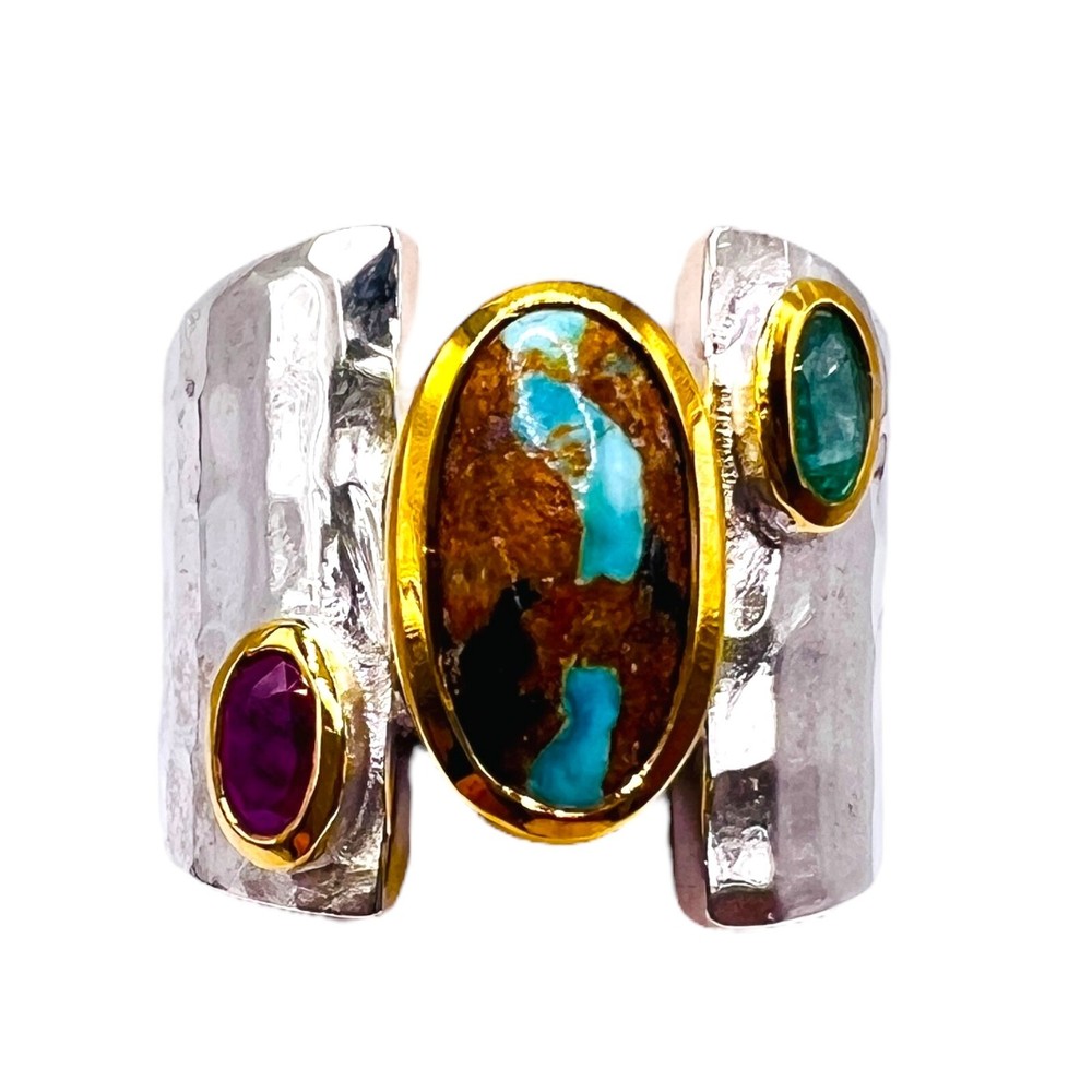 Two Tone Sterling Silver Blue Turquoise Emerald Ruby Ring Handmade -6500