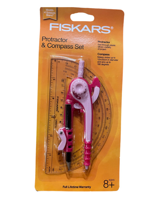 Fiskars Protractor & Compass Set — Geometry Tools for School, Pink/Blue/Red New