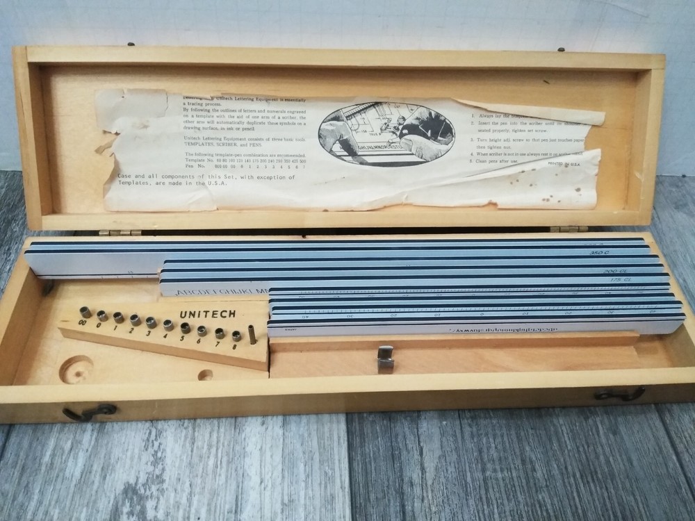 VTG. Lettering Set Drafting Kit Wood Case Templates Unitech Engineering (READ)