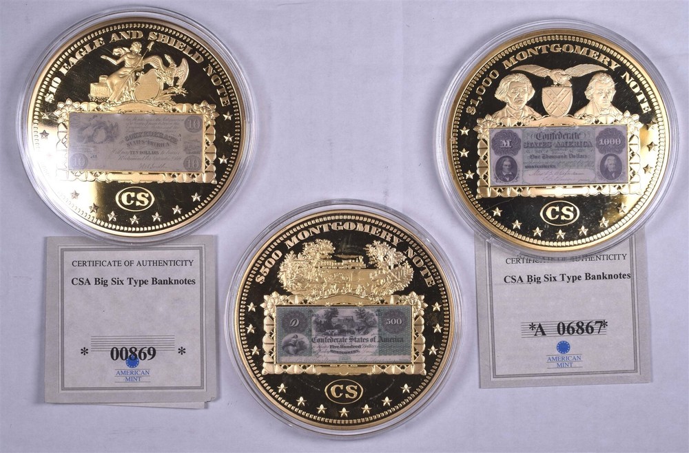 CSA Big Six Type Banknotes $10 Eagle & Shield, Montgomery Note 3 Coins, 2 w/COA